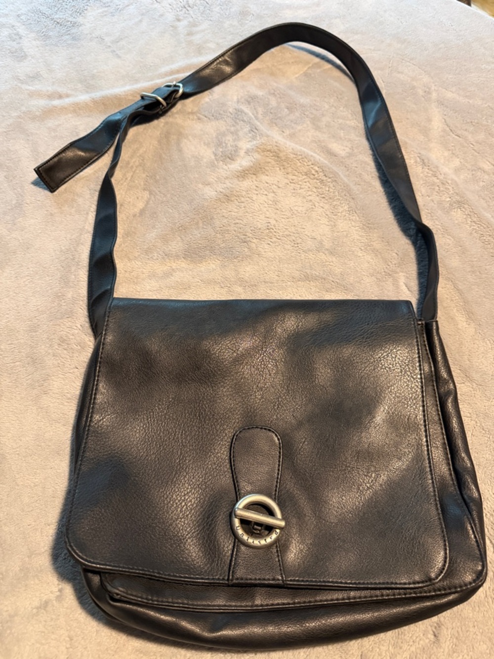Unlisted by Kenneth Cole Black Leather Shoulder Bag with Silver Ring Accent